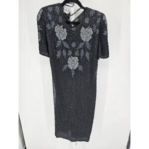 Silky Nites womens Sz M Midi Length Fully Beaded Silk Dress Black Silver Vintage